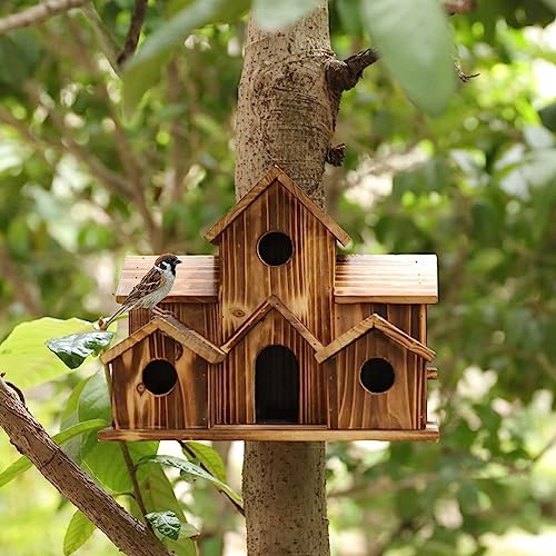 Terpovery Hanging Wooden Bird House for Outside 6 Hole Wooden Bird House Courtyard Backyard Decorations Terpovery