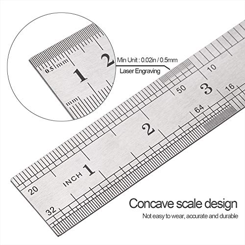 Elisel 3 PCS Stainless Steel Ruler Set with Inch and Metric Graduation, 12 Inch, 8 Inch and 6 Inch(Silvery) Elisel