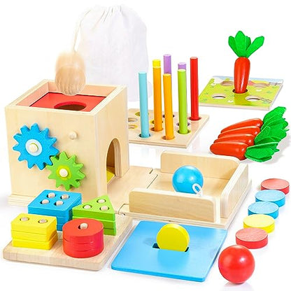 Kizfarm Wooden Montessori Baby Toys, 8-in-1 Wooden Play Kit Includes Object Permanent Box, Coin Box, Carrot Harvest, Shape Sorting & Stacking -