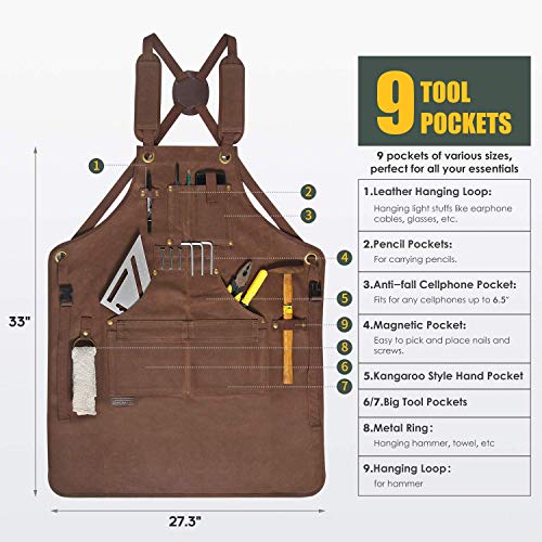 TIPKITS Woodworking Apron with 9 Tool Pockets, Work Aprons 20 oz Waxed Canvas with Magnetic Holders, Shop Apron for Carpenter's Gift