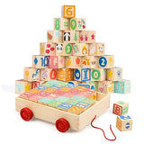 Joqutoys Wooden Building Blocks for Toddlers 1-3, Large Wood Baby Stacking Blocks Set for Kids, 30 PCS Alphabet Blocks with Toy Wagon, Educational Joqutoys