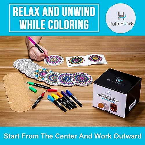 Hula Home Color Your Own Coaster Mandalas w/Markers | 8 Absorbent Ceramic Tiles w/Cork Base | Gift Arts and Crafts DIY Kit for Adults, Hobby, Teens, Hula Home