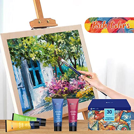 Acrylic Paint Set 30 Colors Craft Paints in Tubes with 10 Art Brushes Rich Pigment for Artists Beginners Kids Painting on Canvas Wood Fabric Crafts, INK LAB