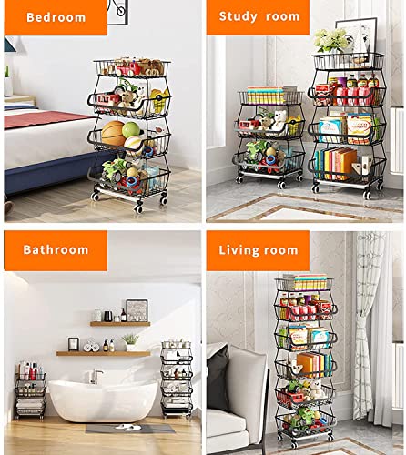 KOLENSA Metal Wire Baskets with Wheels, Stackable Storage Bins Kitchen Organizer Shelf 3-4-5-6 Tier Fruit Vegetable Cart Dishes Seasonal Rack Shelves KOLENSA