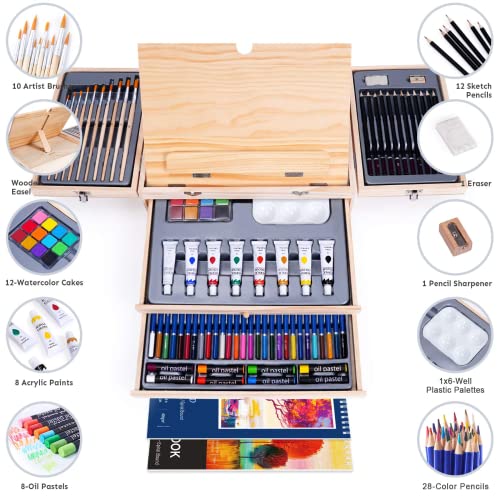 85 Piece Deluxe Wooden Art Supplies, Art Kit with Easel and Acrylic Pad, Art Set for Teens, Adults and Artist Beginners, Creative Gift Box with Color More