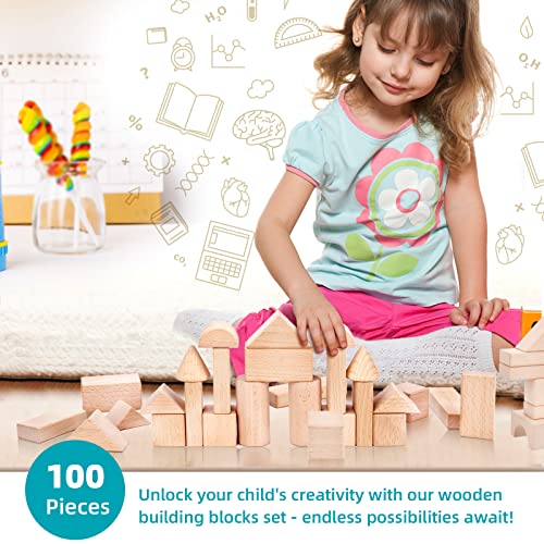 Timfuis Toddler Wooden Building Block Toys, 100 PCS Kids Natural Wood Stacking Blocks Set Standard Unit, Preschool Kindergarten Montessori Toy, Timfuis