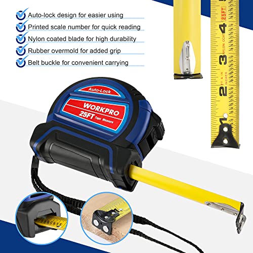 WORKPRO Auto-Lock Tape Measure 25 FT, Tape Measure with Fractions Every 1/8" and 1/32" Accuracy, Quick Read, Nylon Coated with Magnetic Hook, WORKPRO