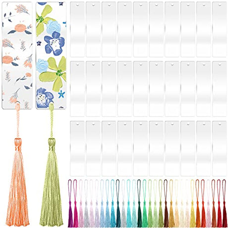 ZYNERY 60 Pcs Acrylic Bookmark Blanks, 30 Pcs Acrylic Bookmarks with 30 Pcs Tassels, Unfinished Transparent Bookmarks, Double Sided DIY Rectangle ZYNERY