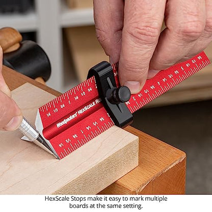 Woodpeckers Hexscale Rule, 12 Inch / 300MM, 6-in-1 Woodworking Ruler with Stop, Inch & MM Graduations, Zero Centering Scale, R2L & L2R Measuring - WoodArtSupply