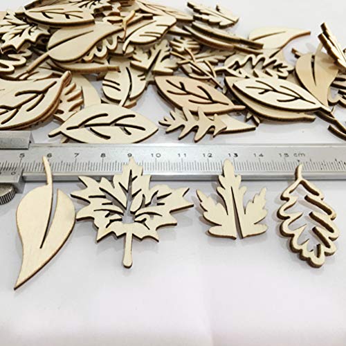 Happyyami 50pcs Wooden Leaves Unfinished Wood Cutouts Wood Shapes Pieces Wood Discs Slices for DIY Craft Wedding Birthday Party Favors Centerpieces Happyyami