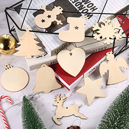 YRONTY 100Pcs DIY Wooden Christmas Ornaments, Unfinished Wood Slices Ornaments in 10 Shapes with 100 Ropes, 100 Colorful Bells & 7 Color Pens, DIY