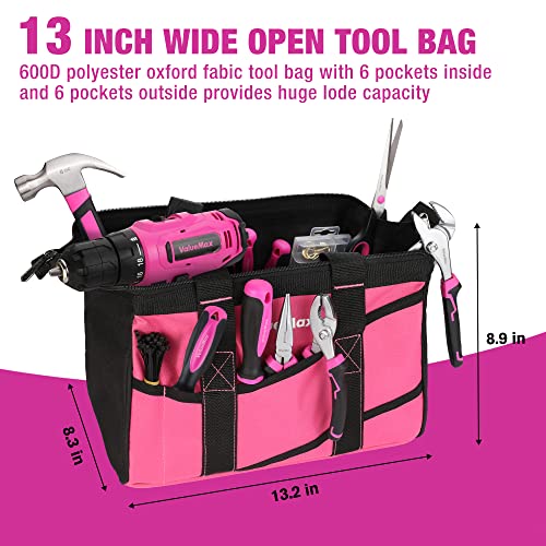 ValueMax Home Tool Kit with Drill, 233-Pieces Pink Tool Set with 12V Cordless Lithium-ion Drill, Power Tool Set with Wide Mouth Open Storage Bag, - WoodArtSupply