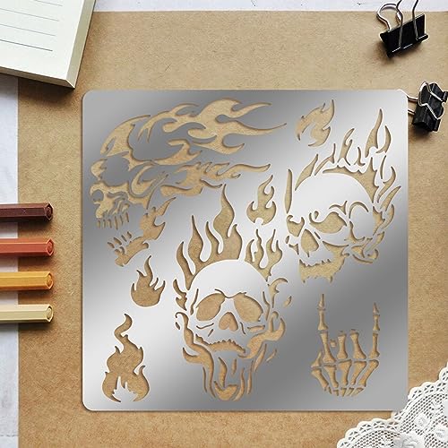 ORIGACH 6x6 inch Metal Skull Stencil Fire Skull Pyrography Stencils Template for Halloween Wood Carving, Drawings and Woodburning, Engraving and ORIGACH