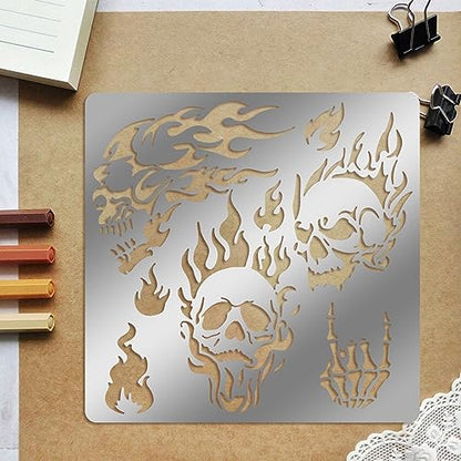 ORIGACH 6x6 inch Metal Skull Stencil Fire Skull Pyrography Stencils Template for Halloween Wood Carving, Drawings and Woodburning, Engraving and - WoodArtSupply