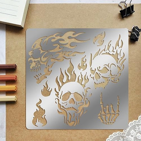 ORIGACH 6x6 inch Metal Skull Stencil Fire Skull Pyrography Stencils Template for Halloween Wood Carving, Drawings and Woodburning, Engraving and ORIGACH
