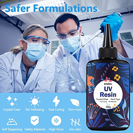 KISREL UV Resin Kit with Light Larger Size - 200g Upgraded Hard Type Crystal Clear UV Resin Kit, 23 Lamp Beads UV Light, UV Resin with Light for KISREL