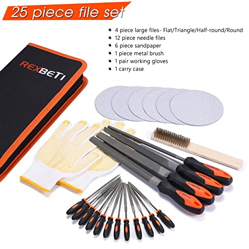 REXBETI 25Pcs Metal File Set, Premium Grade T12 Drop Forged Alloy Steel, Flat/Triangle/Half-round/Round Large File and 12pcs Needle Files with Carry