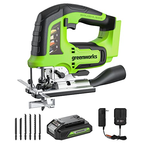 Greenworks 24V Brushless Jig Saw，1*2AH Battery+2A adaptor, 6PCS Blades (4 x Saw blade for woodworking. 2 x Saw blade for metal) Greenworks