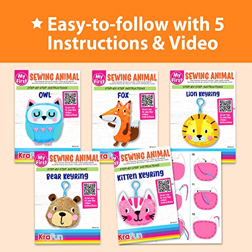KRAFUN My First Sewing Animal for Kids, Beginner Art & Craft, 5 Easy Activities Stuffed Animal Dolls, Keyring Charms, Instructions & Felt Materials KRAFUN