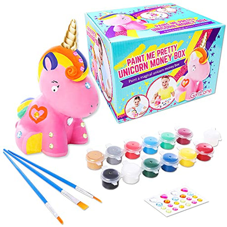GirlZone Paint Your Own Unicorn Piggy Bank for Girls, Paint a Cute Unicorn with Cool Metallic Paints, Great Craft Kit for Kids and Fun Gift Idea GirlZone