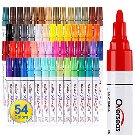 Paint Marker Pens - 54 Colors Permanent Oil Based Paint Markers, Medium Tip, Quick Dry and Waterproof Assorted Color Paint Pen for Metal, Wood, Overseas