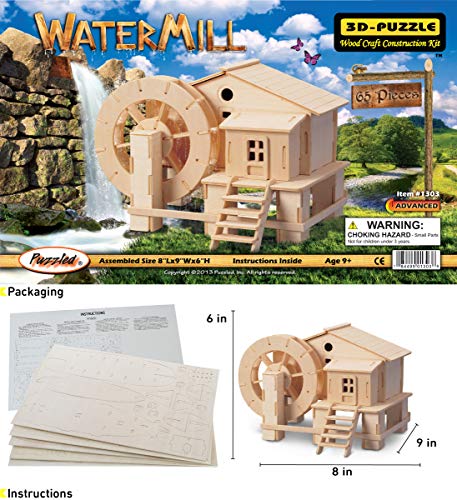 Puzzled 3D Puzzle Water Mill Set Wood Craft Construction Model Kit, Fun & Educational DIY Wooden Toy Assemble Model Unfinished Crafting Hobby Puzzle