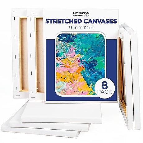 Horizon Group USA 9x12 Pre-Stretched Canvas Value Pack of 8, Primed, Perfect for Painting Projects, Watercolor, Oil & Acrylic Paints, Paint Canvas Horizon Group USA