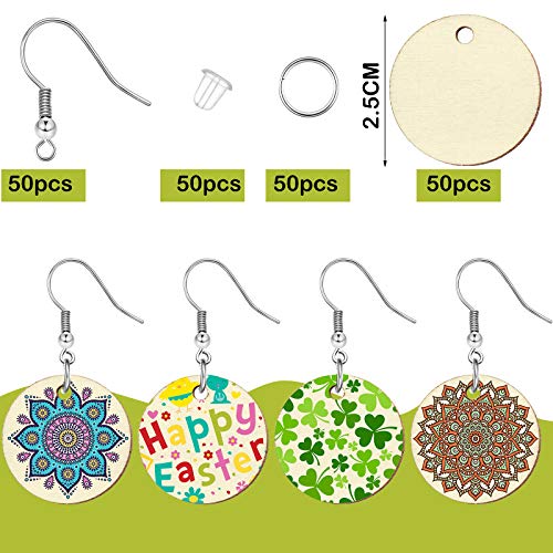 200 Pieces Unfinished Wooden Earrings Blank for Valentines Wood Pendants, Include 50 Pieces Earring Hooks and 50 Pieces Jump Rings 50 Earrings Backs