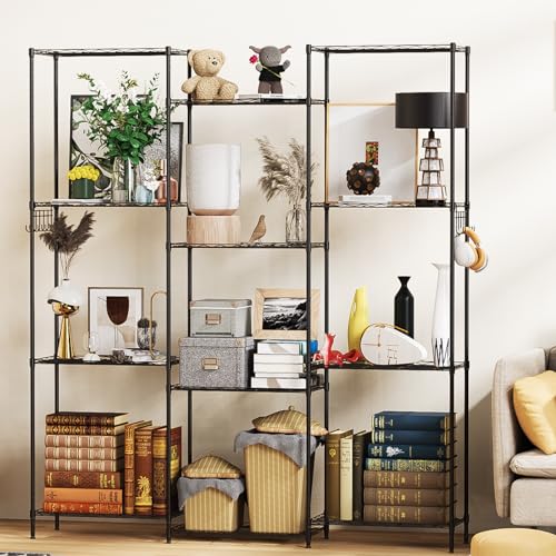 Homdox 6-Tier Storage Shelf Wire Shelving Unit Free Standing Rack Organization Adjustable Leveling Feet, Stainless Side Hooks, Black - WoodArtSupply