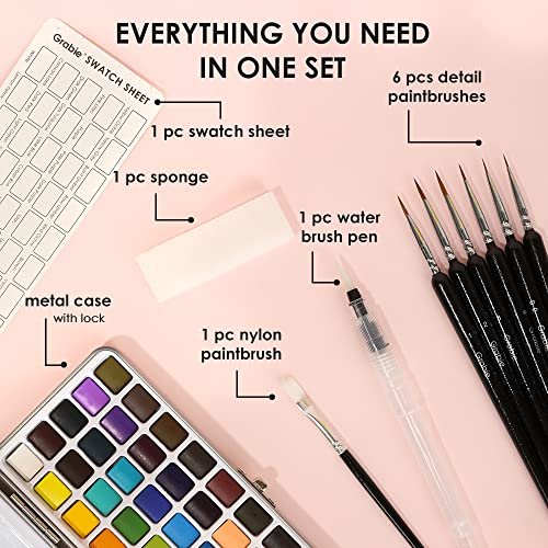 Grabie Watercolor Paint Set, Great for Painting, 50 Colors, Detail Paint Brush Included, Art Supplies, for Artists, Amateur Hobbyists and Painting Grabie