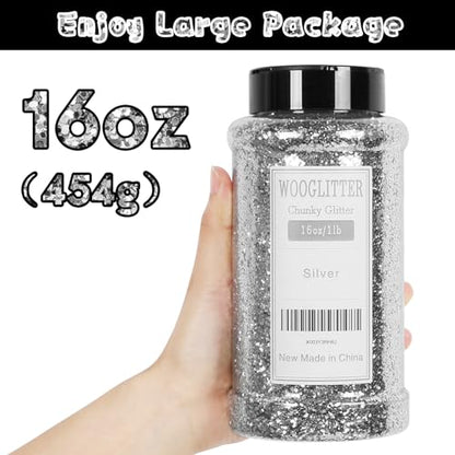 WOOGLITTER Silver Glitter, 16 Oz (1 Ib), Chunky Glitter for Resin Crafts Nails Tumblers Slime Cosmetic and Festival Decoration - Silver Chunky - WoodArtSupply