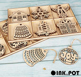 Inkdotpot 18pcs Wooden Christmas Ornaments, Unfinished Wooden Laser Cutouts Snowflakes/Tree Shaped Embellishments Hanging Ornament for Christmas Inkdotpot