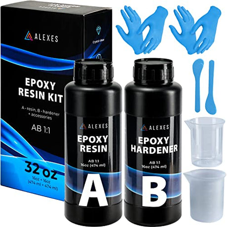 32 OZ Crystal Clear Epoxy Resin Kit – Craft Resin Epoxy Mix – Clear Casting Resin Epoxy Kit - Two Part Epoxy Resin Clear- Epoxy Resin 32oz (16oz + 16 ALEXES