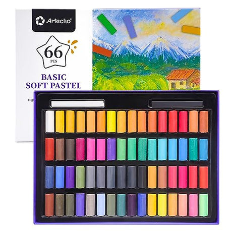 Artecho 66 Basic Soft Pastels, 64 Colors Including 4 Fluorescent Colors, Extra Free Black & White, Square Chalk for Drawing, Blending, Layering, Artecho