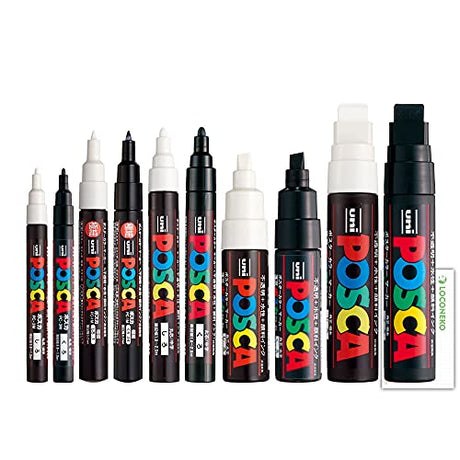Posca Paint Marker Mixed Size Black&White Marker Pack (Set of 10) , Mitsubishi Uni Poster Color Marking Pen PC-1M, PC-3M, PC-5M, PC-8K, PC-17K + Mitsubishi Pencil