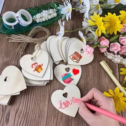 MUXGOA 60 Pcs 3" Wooden Hearts for Crafts,Natural Heart Wood Love Heart Shape Slices with 60 Pcs Natural Twine for Party Valentine's Day, Wedding, - WoodArtSupply