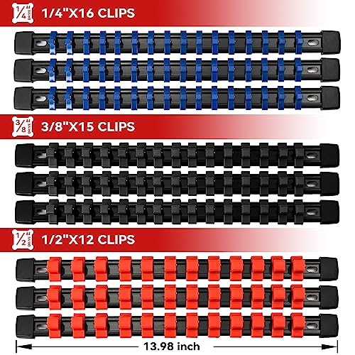 ALOANES 9 PC ABS Socket Organizer, 1/2 inch, 3/8 inch and 1/4 inch Drive Socket Rail Holders, Heavy Duty Socket Racks, Black Rails with Red, Blue and ALOANES
