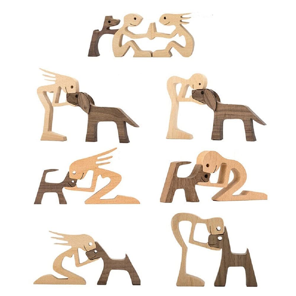 FHTDW Unique Gift Hand Carved Wood Dog Human Statue Figurine Sculpture Home Office Décor, Wooden Man Dog Carving Model to Remember Friendship Between FHTDW