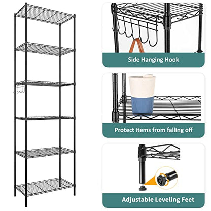 Homdox 6-Tier Storage Shelf Wire Shelving Unit Free Standing Rack Organization Adjustable Leveling Feet, Stainless Side Hooks, Black - WoodArtSupply