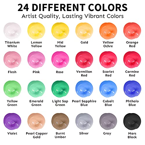 Acrylic Paint Set with 12 Art Brushes, 24 Colors (2 oz/Bottle) Acrylic Paint for Painting Canvas, Wood, Ceramic and Fabric, Paint Set for Beginners, TMOL