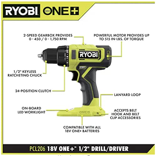 RYOBI ONE+ 18V Cordless 1/2 in. Drill/Driver (Tool Only) PCL206B Black Green