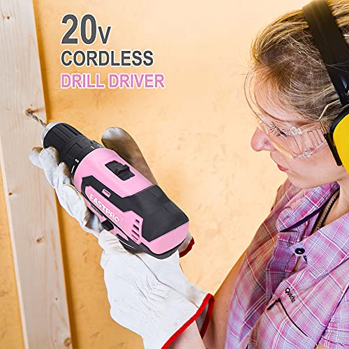 FASTPRO Pink Drill Set—20V Max Lithium-ion Cordless Drill Driver Set, 3/8 in. Drill Driver kit with One 1.5 Ah Batteries, Charger and Tool Bag FASTPRO