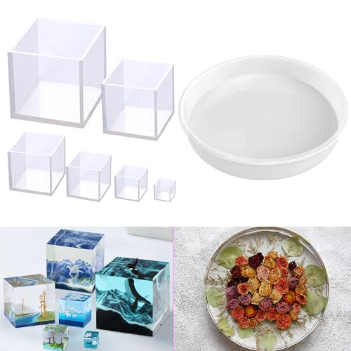 RESINWORLD 12'X2'' Deep Large Round Tray Mold + Set of 4", 3", 2", 1.5", 1", 0.5" Clear Silicone Cube Molds ResinWorld