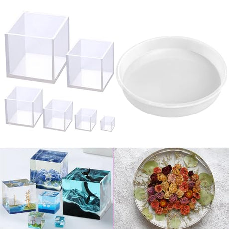 RESINWORLD 12'X2'' Deep Large Round Tray Mold + Set of 4", 3", 2", 1.5", 1", 0.5" Clear Silicone Cube Molds ResinWorld