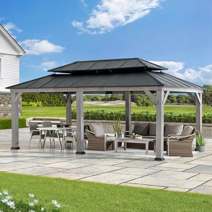 Sunjoy 12 x 20 ft. Wood Gazebo, Outdoor Patio Steel Hardtop Gazebo, Cedar Framed Wooden Gazebo with 2-Tier Metal Roof, Suitable for Patios, Lawn and