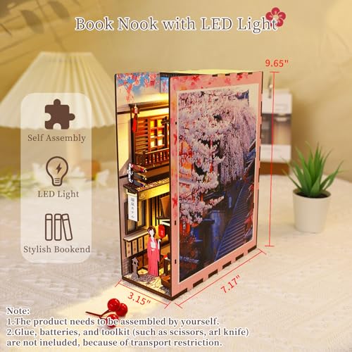 Hallisun DIY Book Nook Kit 3D Wooden Puzzle for Adults, Bookshelf Insert Decor Sakura Town with LED Light Music Box, Bookend Building Set Miniature Hallisun
