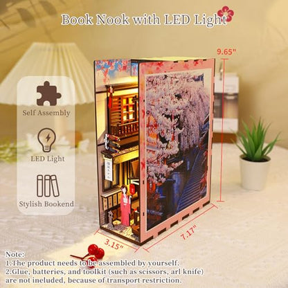 Hallisun DIY Book Nook Kit 3D Wooden Puzzle for Adults, Bookshelf Insert Decor Sakura Town with LED Light Music Box, Bookend Building Set Miniature - WoodArtSupply