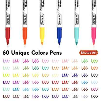 Shuttle Art 60 Colors Permanent Markers, Fine Point, Assorted Colors, Works on Plastic,Wood,Stone,Metal and Glass for Doodling, Coloring, Marking