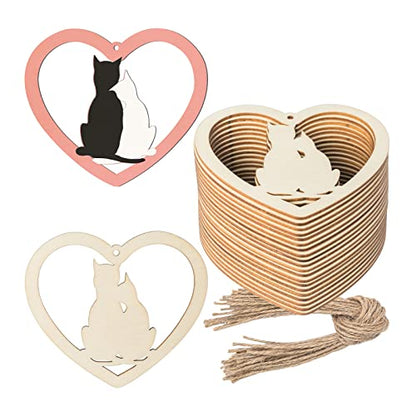 Heart Shape Wooden Cat Wood Blank Wood with Twines Art Unfinished Ornaments for Christmas Wedding Birthday Party Valentine's Day Thanksgiving Day