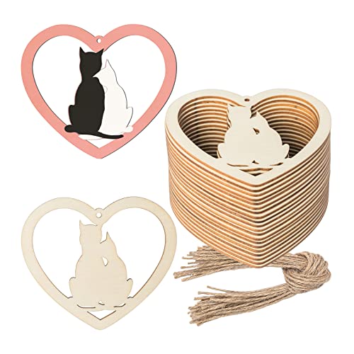 Heart Shape Wooden Cat Wood Blank Wood with Twines Art Unfinished Ornaments for Christmas Wedding Birthday Party Valentine's Day Thanksgiving Day - WoodArtSupply